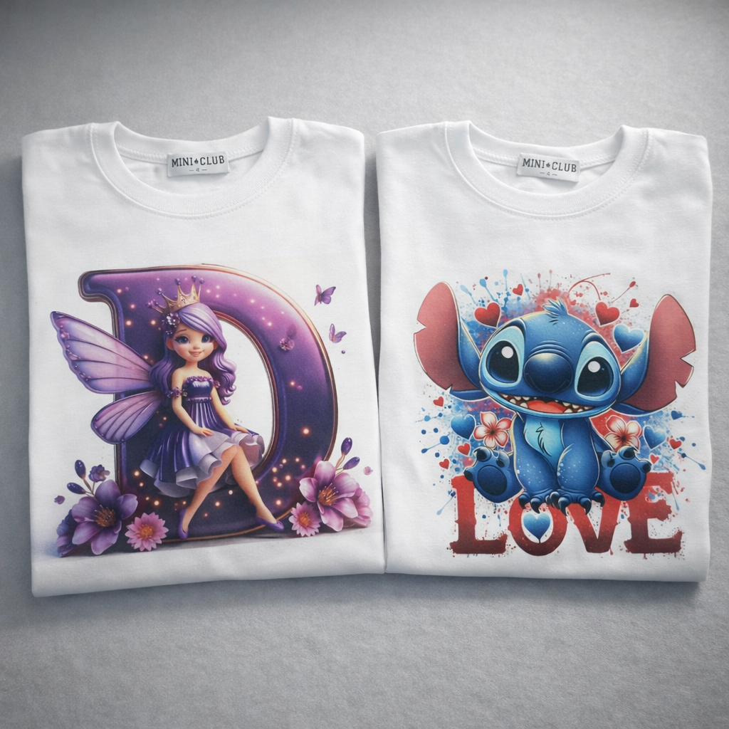 T-shirt per bambini con simpatica stampa cartoon e scritta LOVE. Morbida, colorata e confortevole, ideale per scuola, gioco e tempo libero.